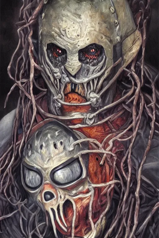 Prompt: a full body high detail fantasy portrait oil painting illustration of slipknot band in the torment nexus by justin sweet with face and body clearly visible, insane, visceral, realistic proportions, d & d, rpg, forgotten realms, artstation trending, high quality, sombre mood, artstation trending, muted colours, entire person visible!