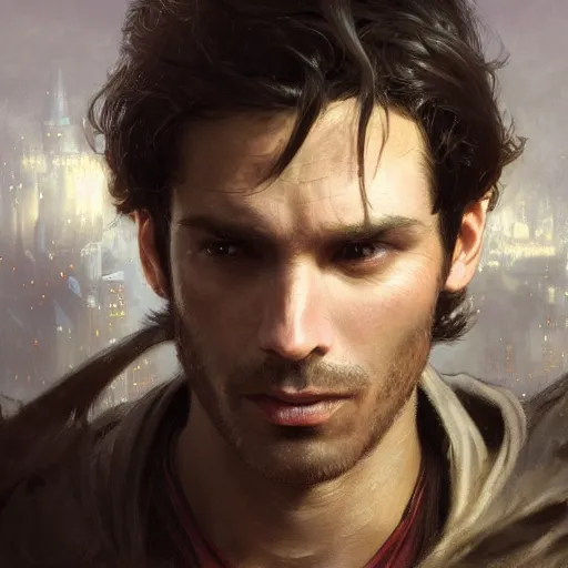 Image similar to closeup portrait of an artificer, male, dark hair, wizard, serious face, dungeons and dragons character, dramatic lighting, castle background, gorgeous view, realistic, high detail, digital art, painted by greg rutkowski, painted by jeremy mann, painted by alphonse mucha, trending on artstation
