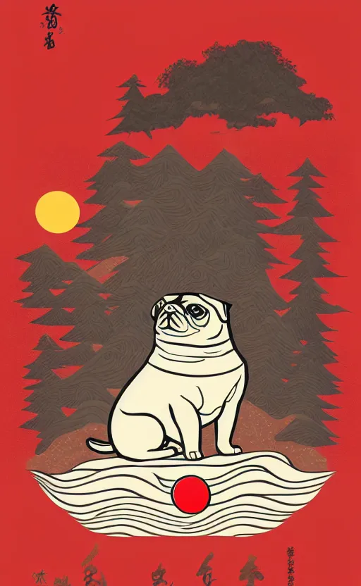 Image similar to hanafuda pug, a big red charm is floating above a forest of japanese pines, a big red sun in the background, original style, front game card, vector line art, trending on behance, concept art, stunning, matte