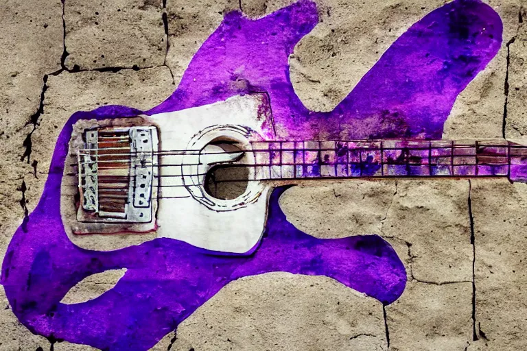 Prompt: dripping purple faded paint across the shape of a human playing guitar, realistic, extremely detailed, coming out of the ancient wall