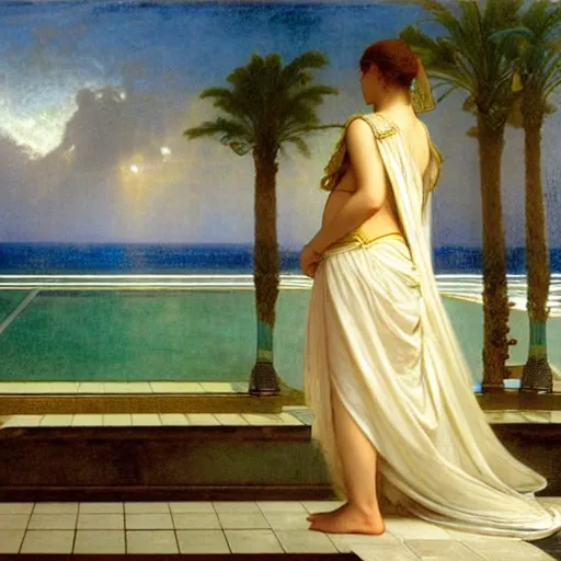 Prompt: Silhouette of a girl at the palace, thunderstorm, greek pool, beach and palm trees on the background major arcana sky, by paul delaroche, alphonse mucha and arnold böcklin arnold böcklin hyperrealistic 8k, very detailed