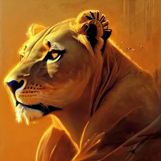 Image similar to highly detailed portrait of a majestic lioness queen in the form of a beautiful woman. d & d, art by gerald brom and ruan jia and carl larsson. trending on artstation, intricate details, energetic composition, golden ratio, concept art, illustration, elegant art