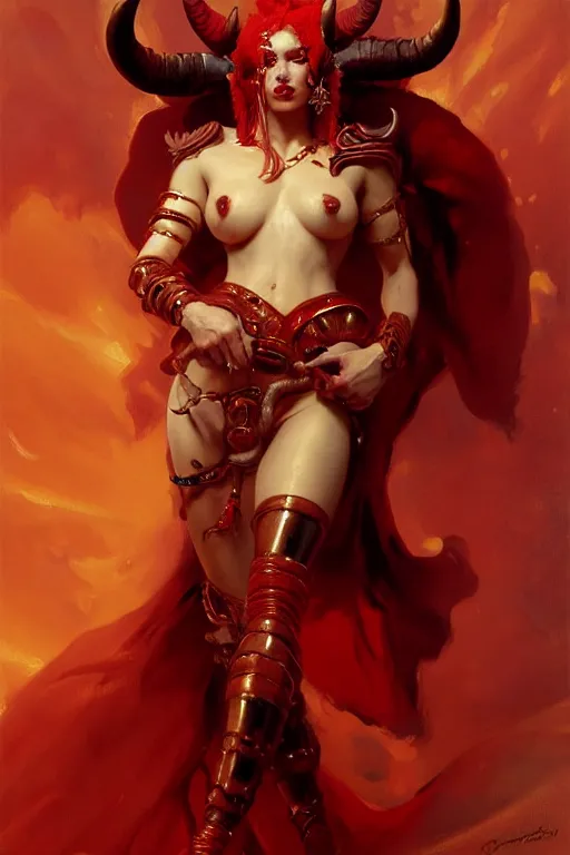 Image similar to painted close - up portrait of a very attractive red - skinned intimidating demon alien girl with ram horns! oil painting, wearing a noblewoman's outfit, fantasy art by john singer sargent and gaston bussiere and james jean and greg rutkowski, demon noble character design, hd