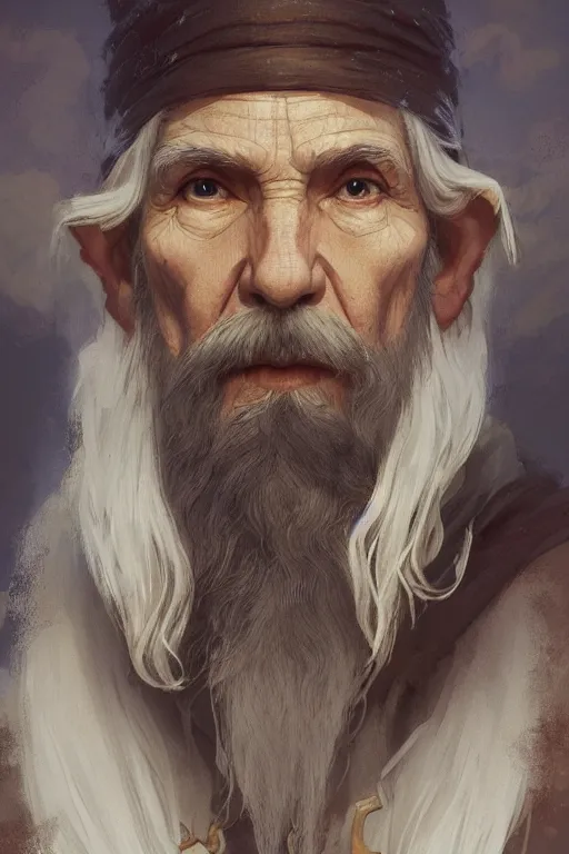 Image similar to a highly detailed portrait painting of an elderly healer elf male, long white beard, long elf ears, asian decent, by greg rutkowski and alphonse mucha, sharp focus, matte, concept art, artstation, digital painting