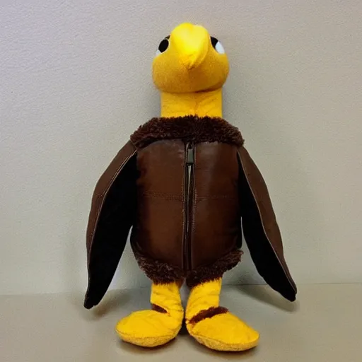 Prompt: a bald eagle wearing a leather jacket as a plush toy