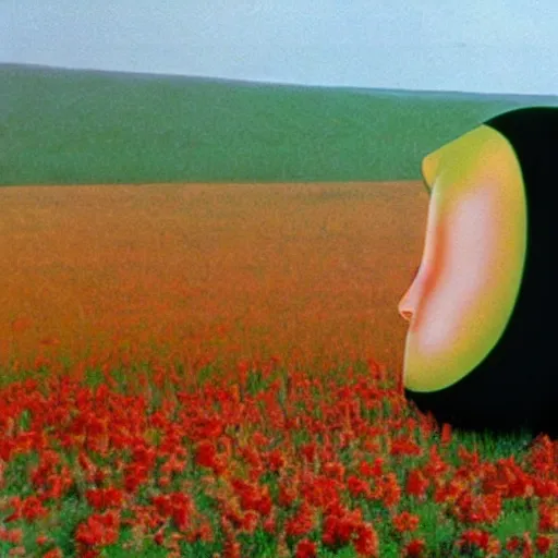 Image similar to a 1 9 7 7 beautiful woman and a 3 d rendering of an anthropomorphic apple in a meadow, color film still 1 9 7 7, tarkovsky