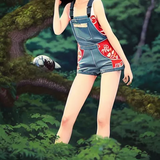 Image similar to a beautiful young japanese natalie portman alluring gravure model, wearing elegant designer overalls made by natives, elegant overalls with mesoamerican patterns, mesoamerican native street fashion, princess mononoke, by and wlop and ilya kuvshinov and artgerm and, aesthetic, gorgeous, stunning, alluring, attractive, artstation, pinterest, digital art