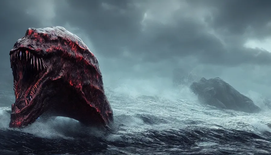 Image similar to a prehistoric monster emerges out of the ocean, waves and volumetric lighting, heavy rain, atmospheric, high resolution, rendering, octane, redshift