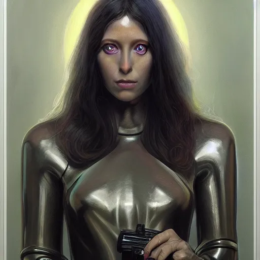 Image similar to pleiadian woman with big eyes and long silver hair wearing a dark body suit and wielding a plasma gun as a realistic sci fi d & d character, portrait art by donato giancola and greg rutkowski, digital art, trending on artstation