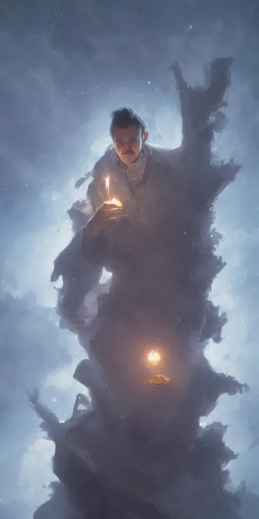 Prompt: a young male wizard with a twisted moustache in space, volumetric lighting, greg rutkowski, 8k