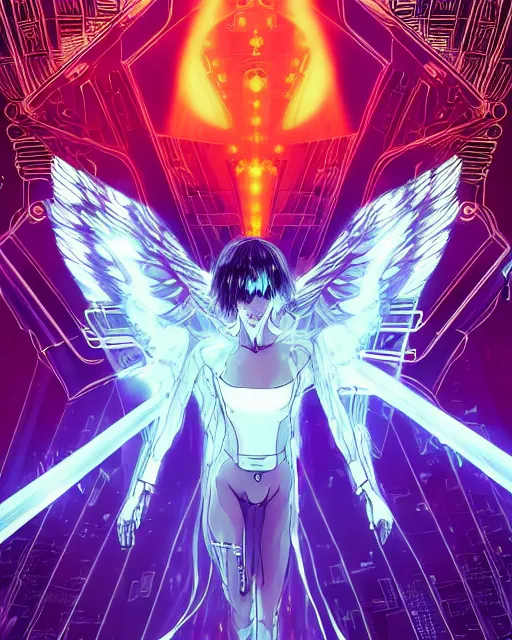 Image similar to white arc - angel with mystic robotic wings, blade runner, akira, ghost in the shell, 2 0 7 7, style of laurie greasley and satoshi kon + symmetric lights and smoke, psychedelic effects, glowing particles, neon rain, glowing runes, de - noise, symmetrical composition, high detailed + tarot card, ornate border, 8 k,