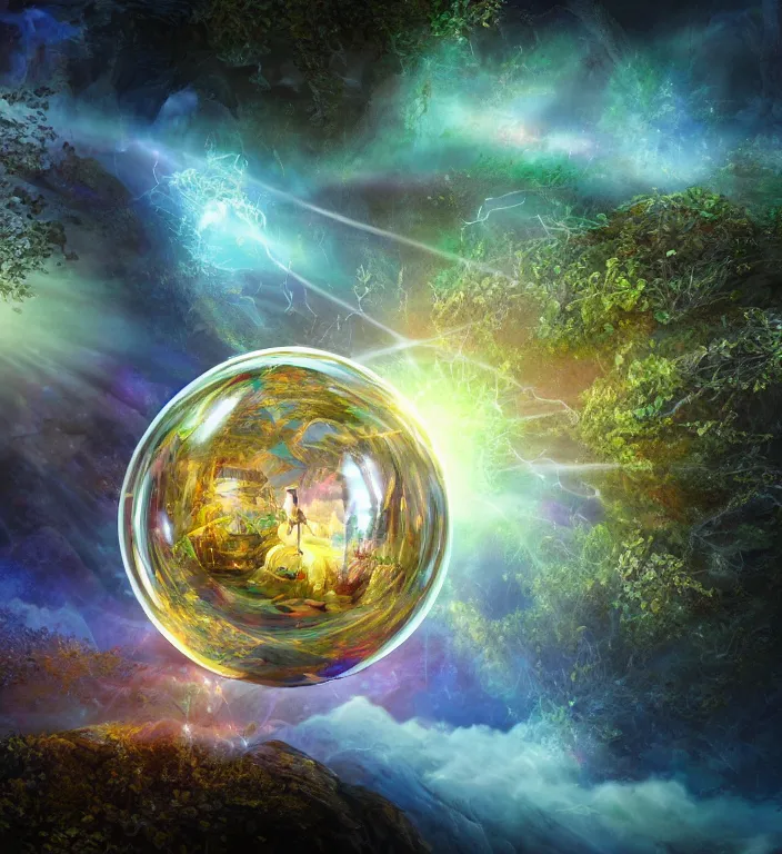 Prompt: a magical and exquisite fantasy illustration of an intricate and faceted crystal ball with a world inside of it + dissolving in to light + prism + god rays + dramatic lightning + backlit + specular highlights + ambient occlusion + global illumination + bump map + reflective + caustics + refractive + unreal engine 5 + DOF + sharp focus + watercolor artwork by Alvaro Castagnet