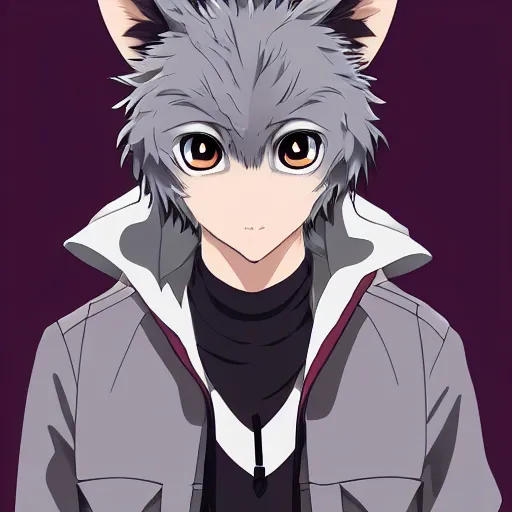 Image similar to key anime visual portrait of an anthropomorphic anthro wolf fursona, in a jacket, with handsome eyes, official modern anime art