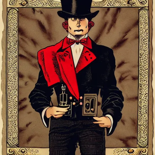 Prompt: portrait of a steampunk gentleman wearing a red top hat by brian bolland
