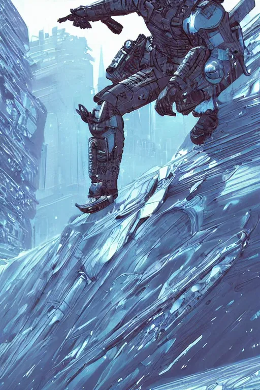 Image similar to comic book illustration, an android soldier surfs on a wave of large ice crystals, cyberpunk concept art by Moebius, highly detailed, intricate, sci-fi, sharp focus, Trending on Artstation HQ, deviantart