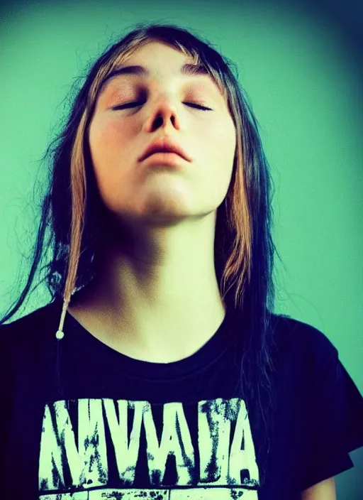 Prompt: a young pothead woman is dressed in a Nirvana T-shirt while she thinks about her impending death amusingly. soft skin. smooth skin. soft feminine facial features. Pinterest filter. complex detail added after taking the film still at 16K resolution. amazingly epic visuals. epically luminous image. amazing lighting effect, image looks gorgeously crisp as far as it's visual fidelity goes, absolutely outstanding image. perfect film clarity. amazing film quality. iridescent image lighting. Criterion collection. gloriously cold atmosphere. mega-beautiful pencil image shadowing. beautiful face. 16k upscaled image. soft image shading. soft image texture. intensely beautiful image. large format picture. it's a great portrait of the highest quality. Great Pinterest photo. masterfully lit.
