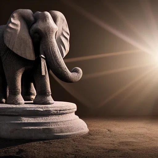 Image similar to a stone workshop with in the center an impressive large statue of a elephant marble , dust, ambient occlusion, morning, rays of light coming through windows, dim lighting