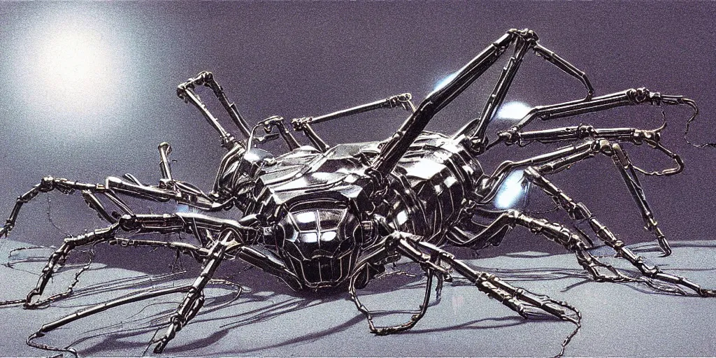 Prompt: angry, screaming cybernetic metallic chrome spider, made of neon light, volumetric lighting, by caspar david friedrich and wayne barlowe and ted nasmith