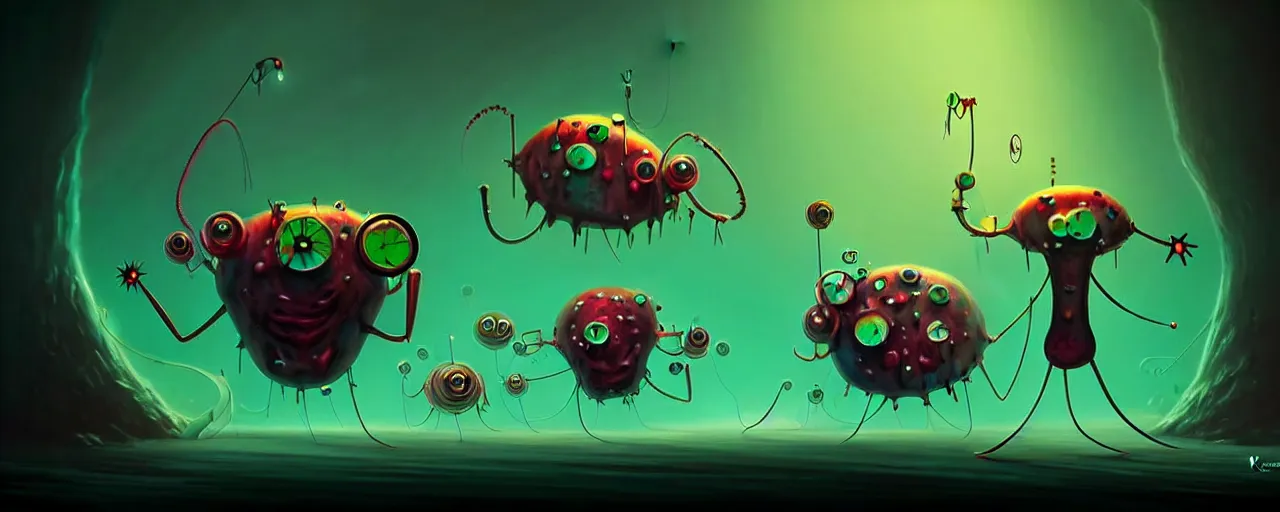 Image similar to wild whimsical plankton mutants from the depths of a wasteland deep in the imaginal realm, dramatic lighting, surreal fleischer cartoon characters, shallow dof, surreal painting by ronny khalil