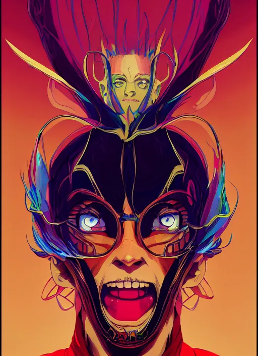 Image similar to portrait of a psychedelic demon, digital painting masterpiece, advanced lighting technology, stylized yet realistic anatomy and face, gorgeous, by reiq and bengus and akiman and shigenori soejima and bastien vives and balak and michael sanlaville and jamie hewlett, 4 k wallpaper, cinematic, gorgeous brush strokes, coherent and smooth