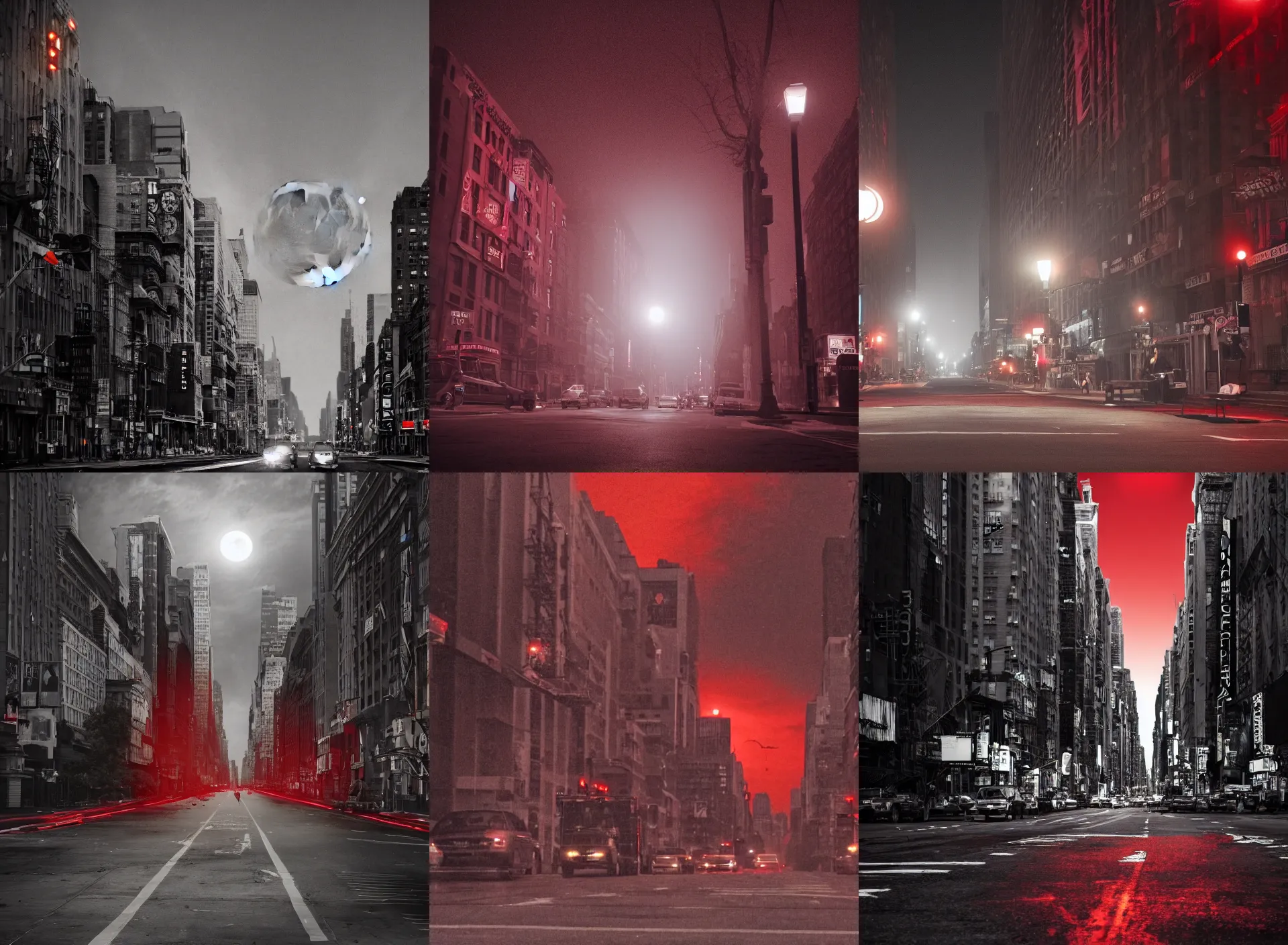 Prompt: the middle of new york city street, red moon, red lighting, street lamps, undead lurking in the shadows. Very detailed, 8k. Apocalypse.