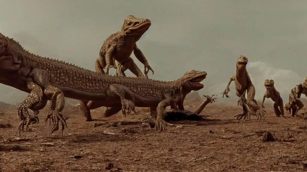 Image similar to movie scene of a group of draconian humanoid arriving to earth, reptil, reptilian, movie still, cinematic composition, cinematic light, criterion collection, reimagined by industrial light and magic, Movie by David Lynch and Ridley Scott