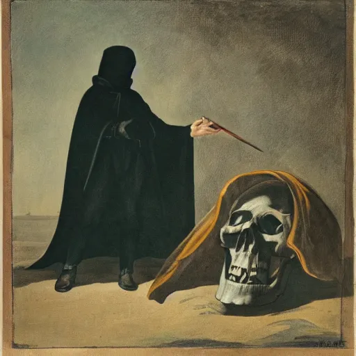 Image similar to a man wearing a black cloak with a skull head killing a man in green