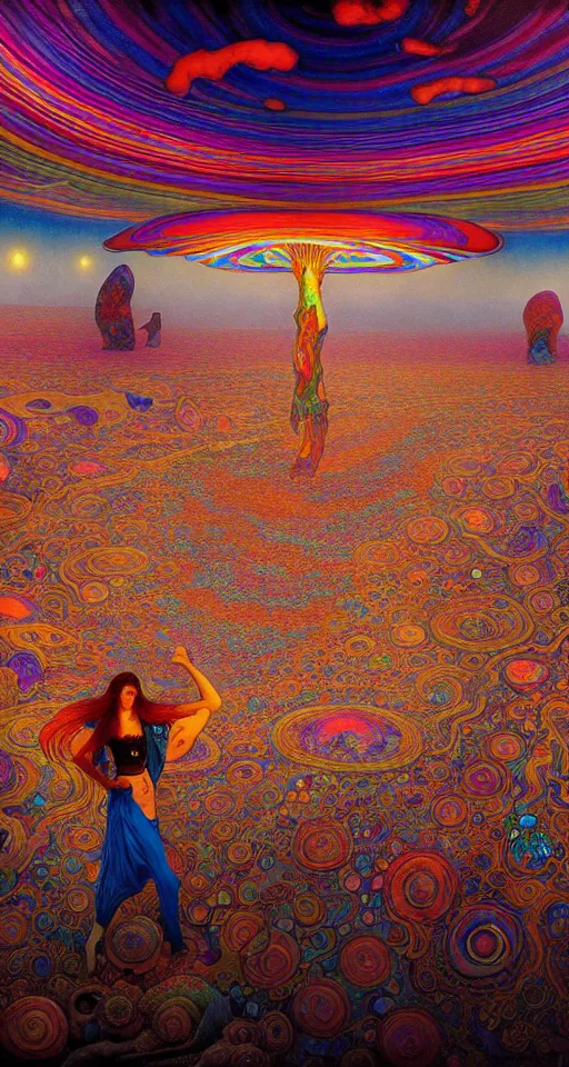 Image similar to An extremely psychedelic painting of the black rock city desert, colorful, surreal, dramatic lighting, magic mushrooms, psilocybin, LSD, detailed, intricate, elegant, highly detailed, digital painting, artstation, concept art, smooth, sharp focus, illustration, art by Krenz Cushart and Artem Demura and alphonse mucha