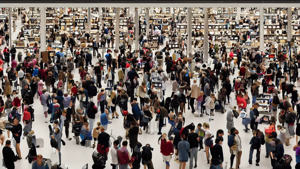 Prompt: A crowd of people shopping iPhones iPads and Macbooks and buying products in the interior of a large Apple Store, in the style of a Where\'s Waldo image by Martin Handford, cartoon, ultra-wide shot