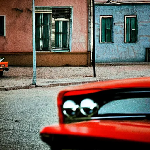 Image similar to low angle photo car in soviet town in mid day by william egglestone, bokeh