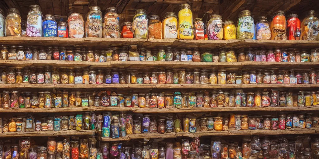 Prompt: Inside an old sweet shop, large jars on shelves, beautiful labels, fantasy vendor interior, wide angle, cinematic, highly detailed, photorealistic, rich bright colors, trending on artstation