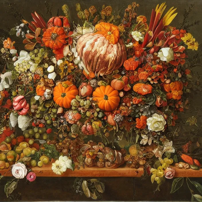 Image similar to thanksgiving supper, flowers and fruit on a wooden table, a still life by giuseppe arcimboldo, vanitas, pinterest, maximalist, intricate high detail masterpiece