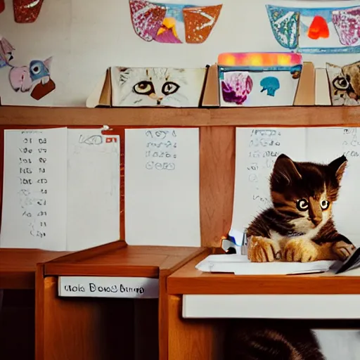 Image similar to anthropomorphic cute kittens sitting at their desks on the first day of kindergarten, medium shot by Wes Anderson