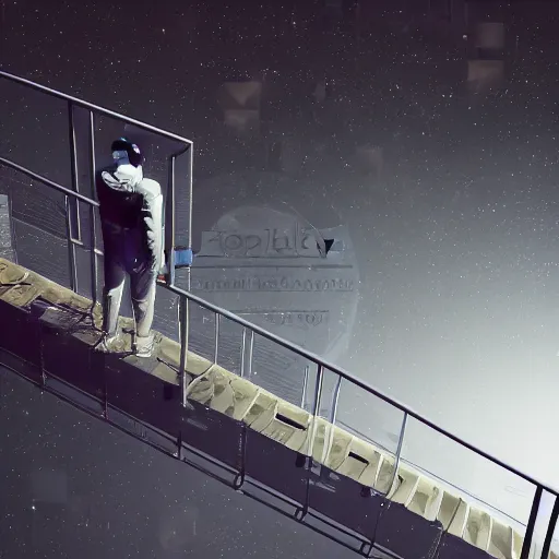 Prompt: mysterious man in silver space suit, walking on an industrial catwalk with stairs that lead nowhere, suspended in the darkness of space, 4 k photograph, isometric view