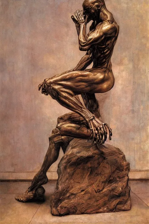 Prompt: beautiful oil clean painting of the biomechanical thinker sculpture connected to machine by auguste rodin, by wayne barlowe, rembrandt, complex, stunning, realistic skin color, 4 k, high res, awardwinning, masterpiece