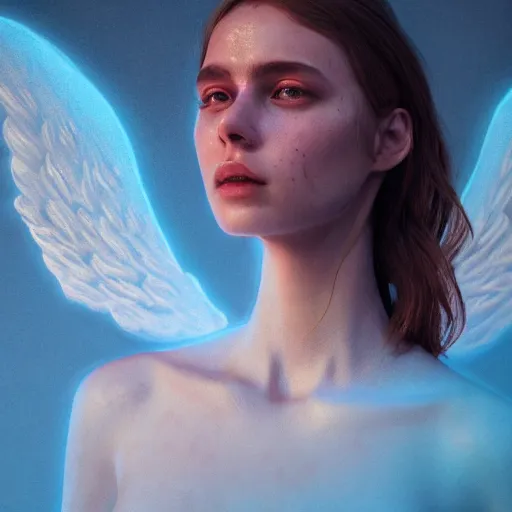 Image similar to portrait art of female angel by alessio albi 8 k ultra realistic, lens flare, atmosphere, glow, detailed, intricate, full of colour, cinematic lighting, trending on artstation, 4 k, hyperrealistic, focused, extreme details, unreal engine 5, cinematic, masterpiece