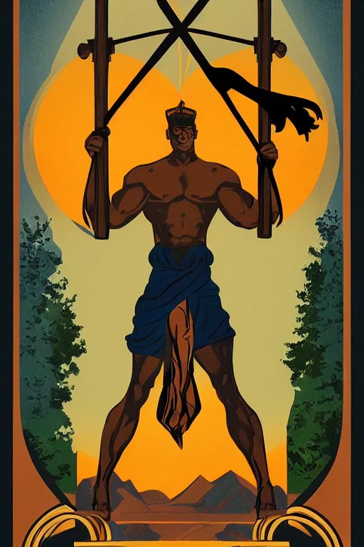 Image similar to a beautiful symmetrical art deco tarot painting of a gorgeous muscular man holding a walking stick standing atop a mountain at sunrise, vintage tourism poster, trending on artstation