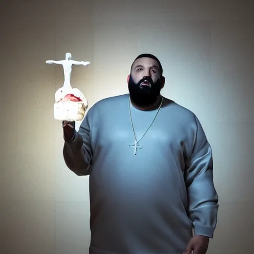 Image similar to a highly detailed realistic photographic render saint dj khaled with ice cream in hands crucified, religious sculpture, cinematic lighting, cinematic scene, Volumetric lighting, Atmospheric scene, Dark, Horror, Atmospheric lighting, Global illumination, realistic, photo realism, hyper realistic, hyper realism, photo realisitc, cinematic render, film, beautifully lit, ray traced, octane 3D render, octane render, unreal engine