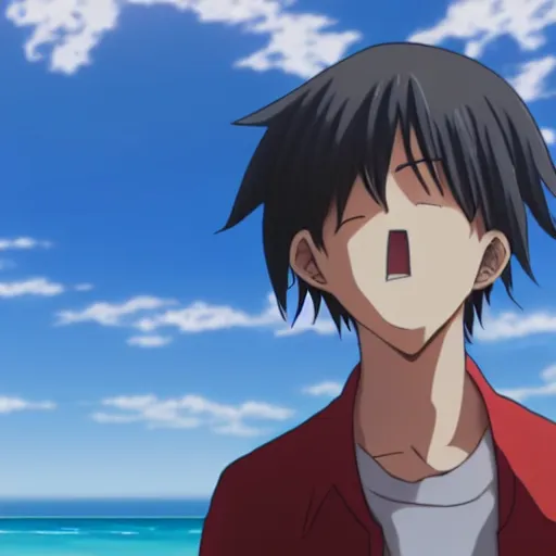 Image similar to Anime boy standing on the beach, smiling at the camera. Blue sky. Anime Still frame.