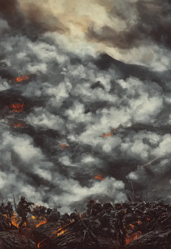 Image similar to handmade illustration of an epic and dramatic World War I war autumn scene with a very few german and british soldiers involved firing each other, blue sky with dramatic clouds, some mist grey smoke and fire, line art, ink, oil on canvas by Kilian Eng and by Jake Parker, heavy brushstrokes, winning-award masterpiece, fantastic, octane render, 8K HD Resolution, High quality image