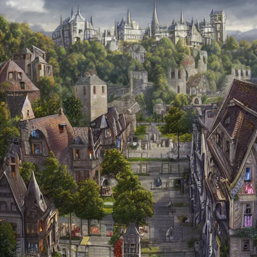 Prompt: elegant fantasy capital city, in the foreground sprawling houses and shops lining the crowded streets. in the background is a large stone castle with several tall spires. view from the ground looking from a street towards the castle. realistic, highly detailed painting concept art style