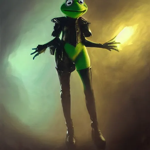 Prompt: painting of high detail kermit the frog as yorha no. 2 type a wearing skintight leather jacket by jeremy mann, fantasy art, dynamic lighting, artstation, poster, volumetric lighting, 4 k, award winning