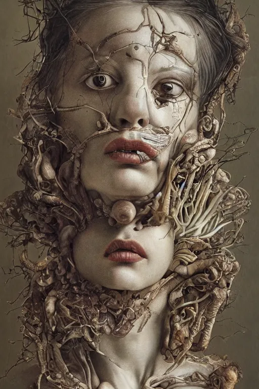 Image similar to Detailed maximalist portrait of a greek god with large lips and eyes, scared expression, botanical skeletal with extra flesh, HD mixed media, 3D collage, highly detailed and intricate, surreal illustration in the style of Jenny Saville, dark art, baroque, centred in image