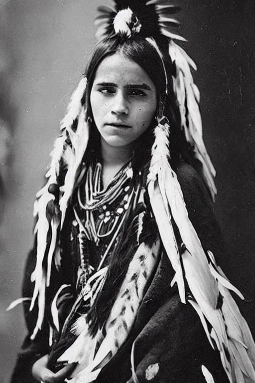 Image similar to “Photo of Native American indian woman Emma Watson, portrait, skilled warrior of the Chiricahua Apache, Lozen was the sister of Victorio a prominent Chief, showing pain and sadness on her face, ancient, realistic, detailed, emma watson”