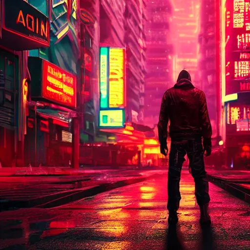 Image similar to A man with nothing left to lose, wandering in the hostile neon-soaked dirty streets of a city from the future, armed and dangerous, cyberpunk. night, rain, dark clouds, realistic 4k octane beautifully detailed render, 4k post-processing, highly detailed, intricate complexity, epic composition, magical atmosphere, cinematic lighting, masterpiece, ultra hd