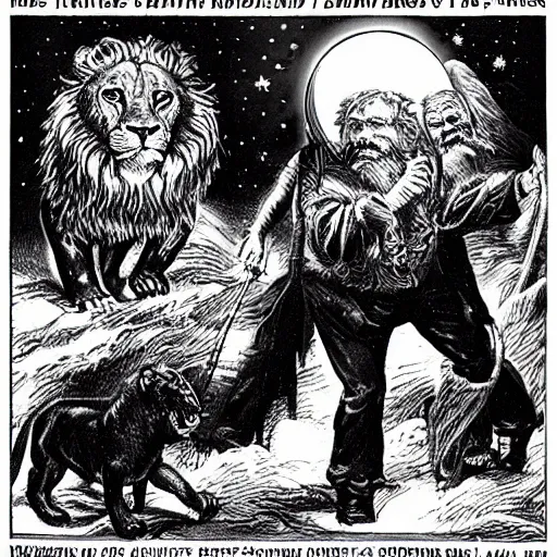 Image similar to Possessed Karl Marx prevents a thousand giant lions from eating Earth, space photography