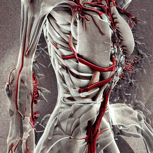 Image similar to full frame fractal human body, fine details, microorganisms, fine details, muscles, veins, artery, 90's aesthetic, x-ray, noise film, photo