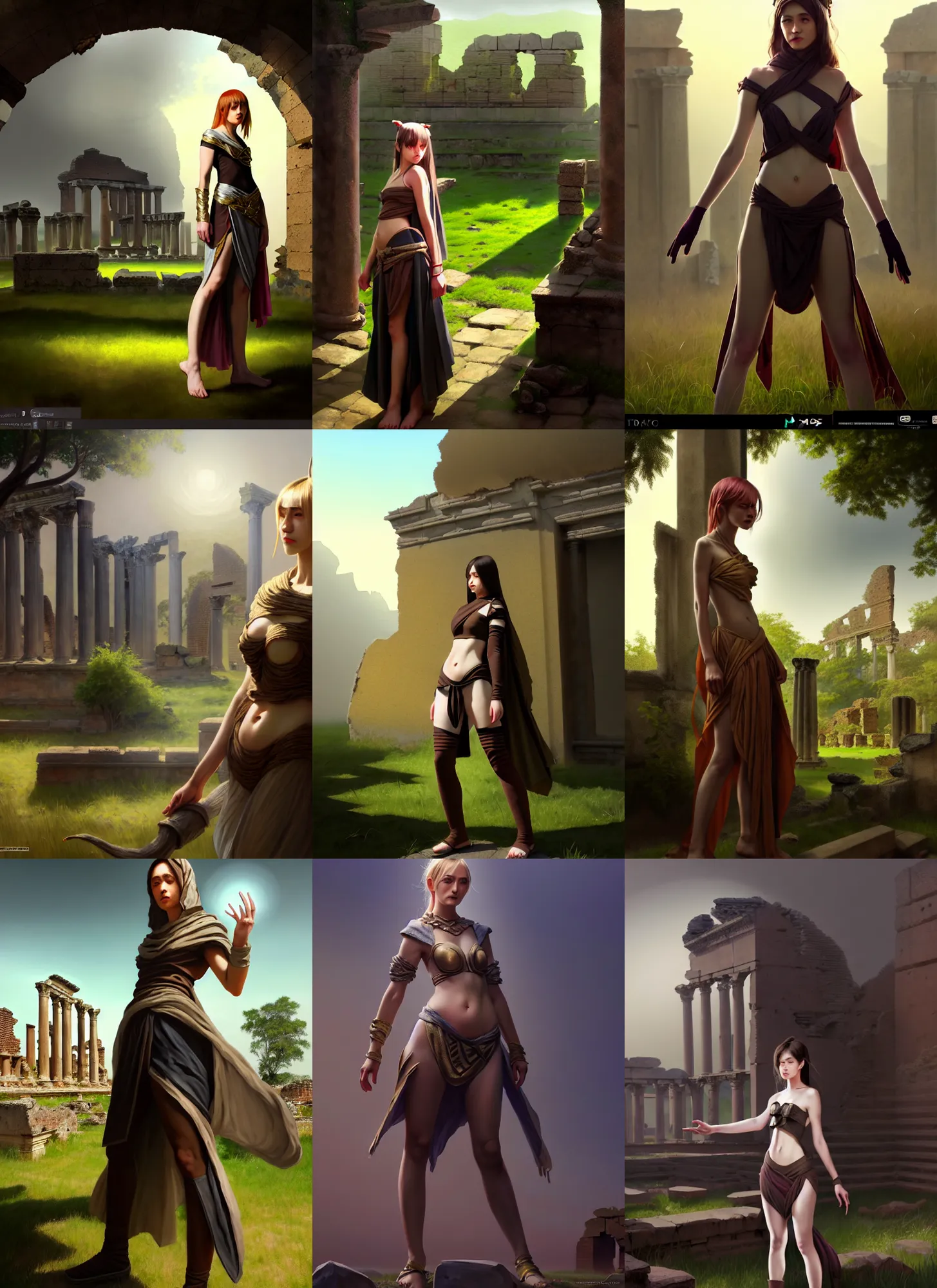 Prompt: costume design made by DMT, sophisticated composition, old masters light composition, procedurally generated, character posing for concept art, ancient ruins behind, substance designer, PBR, HD, Ultra detailed, hyperrealistic, megascans, volumetric light, concept by master artist, made in paint tool SAI2, trending pixiv face