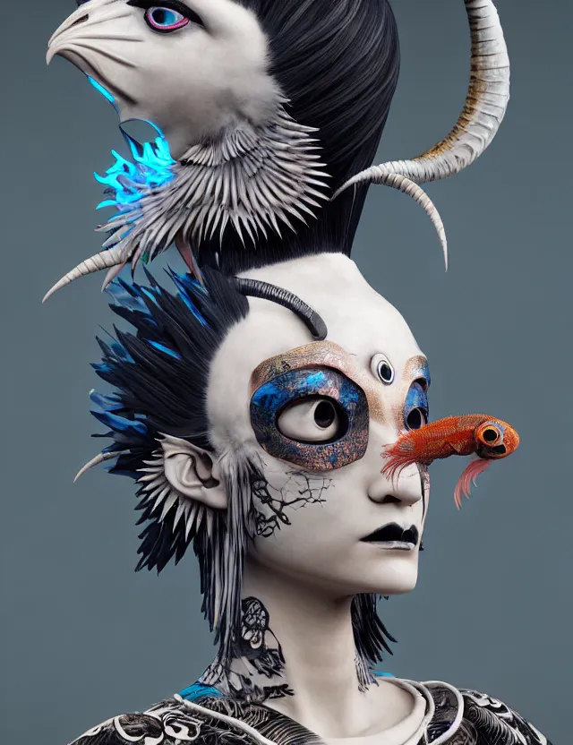 Image similar to 3 d goddess close - up profile simple portrait punk with mohawk with goat skull. beautiful intricately detailed japanese crow kitsune mask and clasical japanese kimono. betta fish, jellyfish phoenix, bio luminescent, plasma, ice, water, wind, creature, artwork by tooth wu and wlop and beeple and greg rutkowski