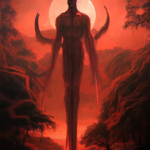 Image similar to realistic painting of a red bloody satanic figure standing in the middle of heaven by michael whelan, ultra realistic, 8 k, trending on artstation, octane renderer, mesmerizing, aesthetic, beautiful